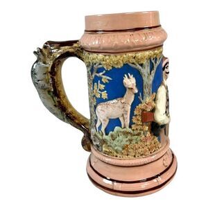 Vintage Ceramic Beer Stein w/  Deer & Hunter Design Signed Forest Elizabeth 1969